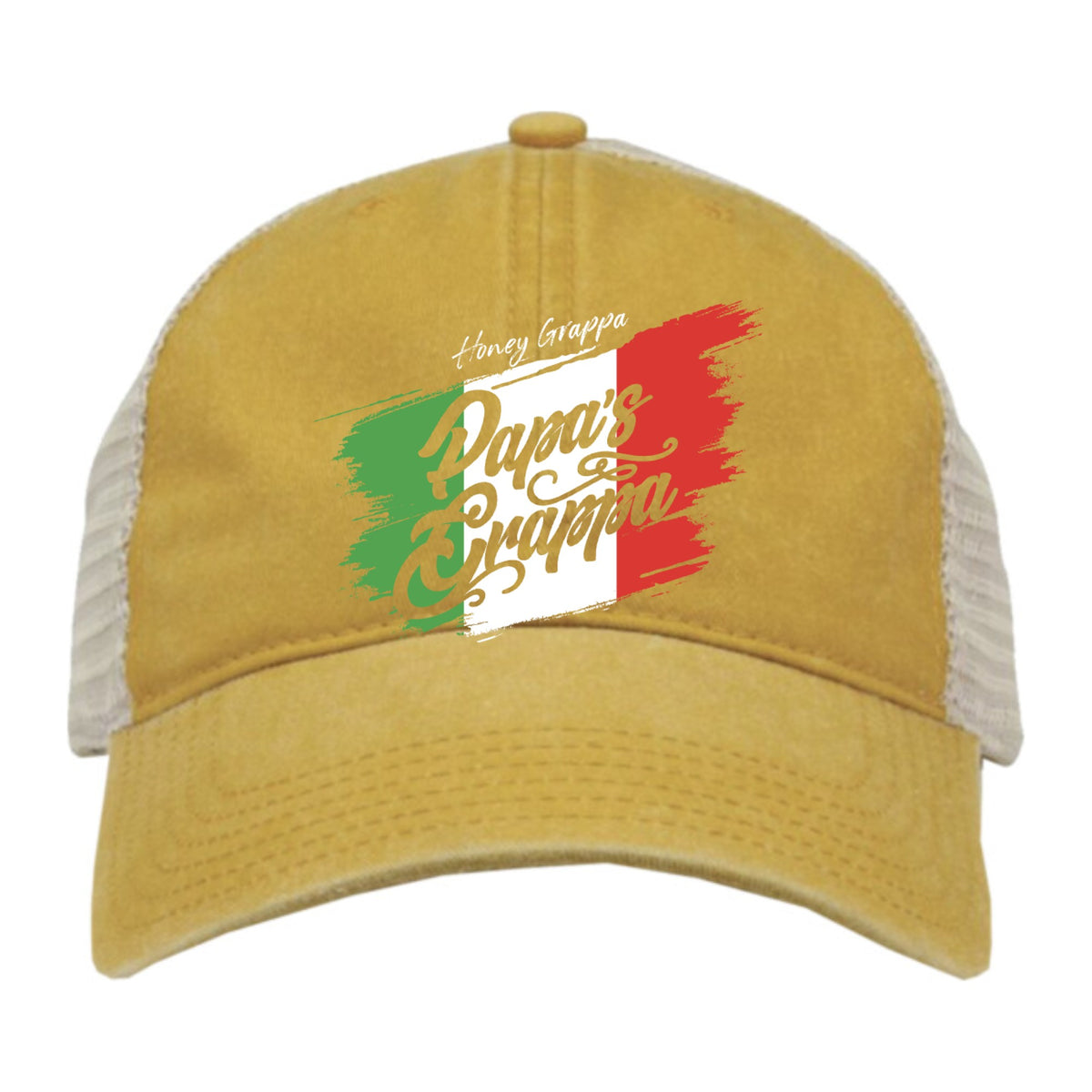 Honey Grappa Pigment-Dyed Trucker Cap, Mustard Yellow / Stone, front view