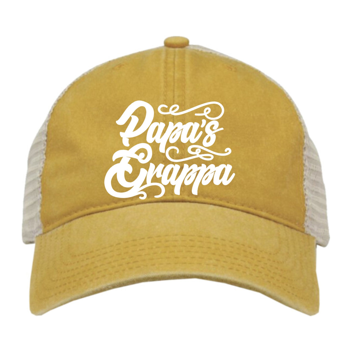 Papa's Grappa Pigment-Dyed Trucker Cap, Mustard Yellow / Stone, front view