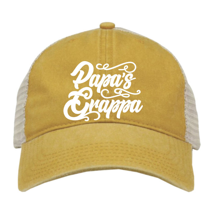 Papa's Grappa Pigment-Dyed Trucker Cap, Mustard Yellow / Stone, front view