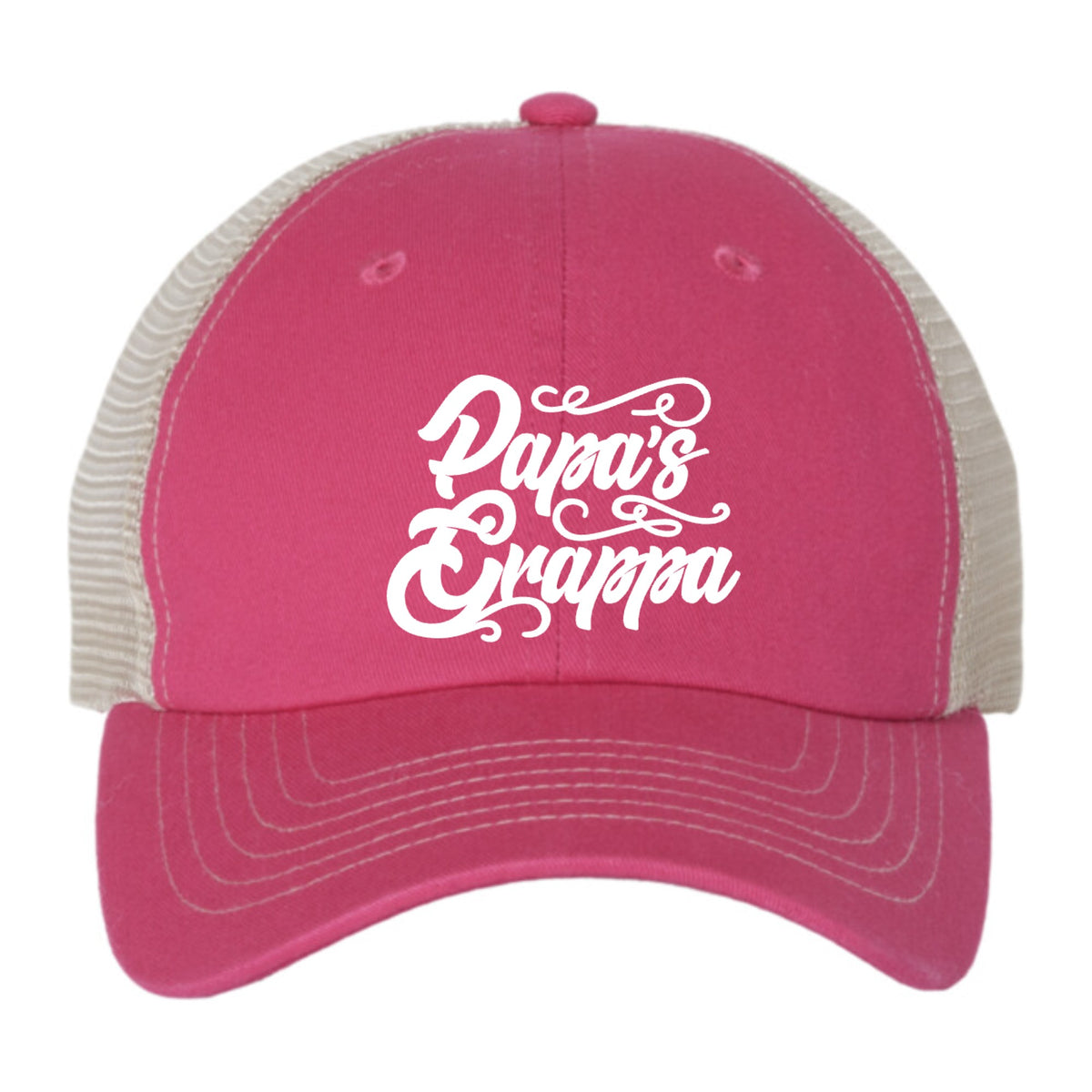 Papa's Grappa Trucker Cap, Pink / Stone, front view