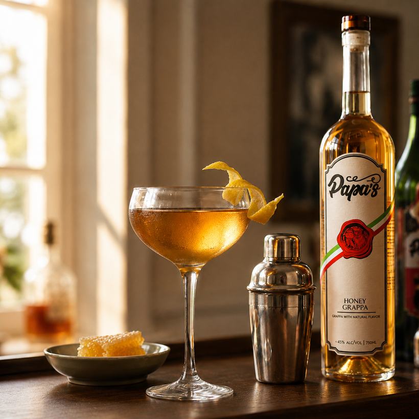 Golden Goddess cocktail served up in a coupe with a lemon twist
