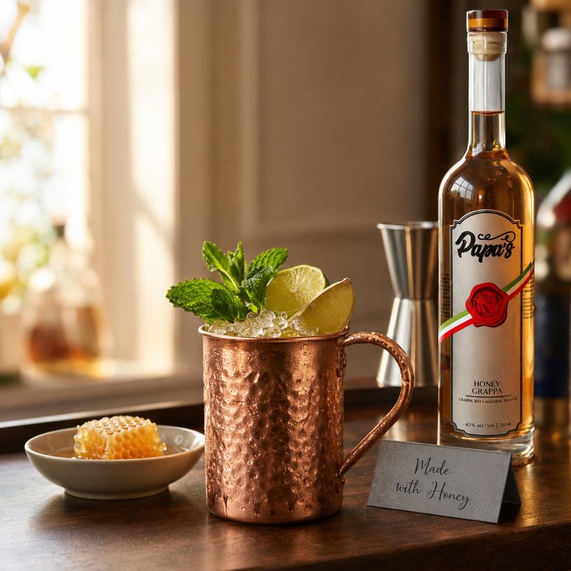 Papa's Honey Mule cocktail in a copper mug with mint, lime and crushed ice