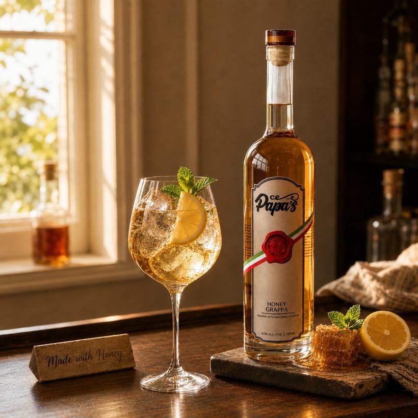 The Honey Spritz cocktail in a wine glass with lemon and mint